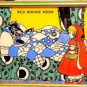 Antique Rare Framed Red Riding Hood  Painted on Glass With Enamel
